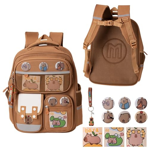 Wood Homing Capybara Sac d'école de grande capacité avec bandes réfléchissantes pour garçons et filles Sac à dos mignon animal de dessin animé avec insigne de carte et porte-clés, étanche, sac à dos