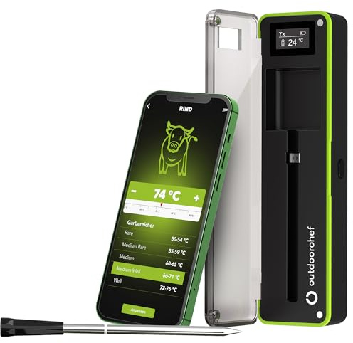 Outdoorchef Easy Check Single Bluetooth - Termometro per barbecue senza fili con app, 1 sonda, portata 200 m, lavabile in lavastoviglie, per barbecue, barbecue e affumicatore