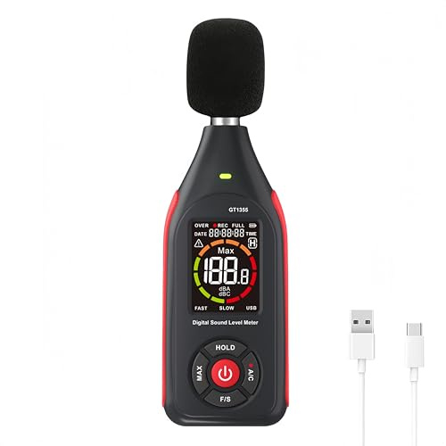 Sound Decibel Meter, Digital Decibel Meter with Data Logging, Rechargeable A/C Weighted Sound Noise Level Meter Recorder with 3-Color Light Alarm & Backlight LCD Display 31,000 Data Record & Export