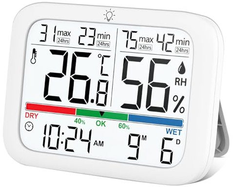Thermomètre hygromètre numérique, moniteur de température et d'humidité intérieures, horloge, étalonnage, icônes de niveau de confort, support mural/support, alimenté par piles pour la maison, la