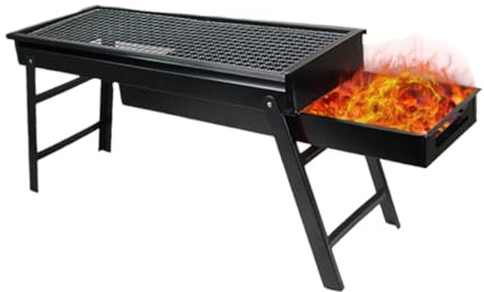 TOBBOMEY Portable Folding Bbq Grill Charcoal Stove with Removable Roasting Rack Heat Resistant Metal Outdoor Barbecue Stand for Camping Picnic Patio Easy to Clean and Assemble Black