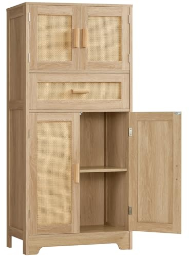 TEENFON 47.2 H Tall Storage Cabinet with Adjustable Shelf, Rattan Cabinet, Cupboard for Living Room, Dining Room, Entryway, Home Office, Natural