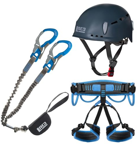 LACD Klettersteigset Ultimate Ferrata S mit mit Swivel (Drehwirbel) + Helm Protector 2.0 midnight + Klettergurt Start 2.0 (Größe M (Taille 80 – 120 cm, Bein 50 – 70 cm))