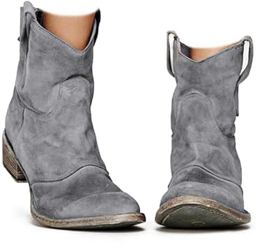 Mocka ankelstövlar för kvinnor, bekväma och stilBilliga tå mellanklack Slip On, bred mångsidig vardaglig västerländsk stövel, Grå, 41 EU
