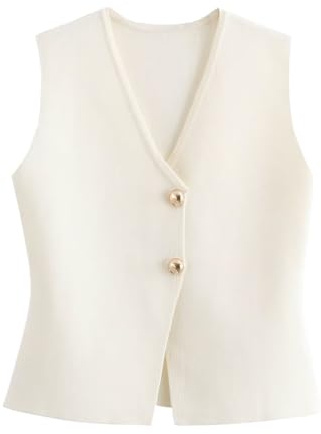RWGSNB Pulls sans Manche Femme Gilet de Costume Court Tricot Femme col V Boutonné Doré sans Manches Élégant Habillé Débardeur Pull Chic Tricot Gilet Haut Beige Taille XS
