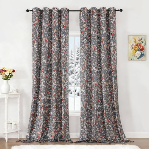 VEHEDE Graue Boho Blumen Bedruckte Samt-Vorhänge Set aus 2 Stück, wärmeisolierte raumverdunkelnde Deko Gardinen für Schlafzimmer, energieeffiziente Ösen Vorhänge für Wohnzimmer, 132x244 cm