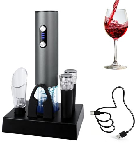 HiPiCok Electric Wine Opener, Automtic Wine Bottle Opener, USB-C Rechargeable Wine Opener Set with Foil Cutter, Wine Aerator Pourer, 2 Vacuum Stoppers and Storage Base