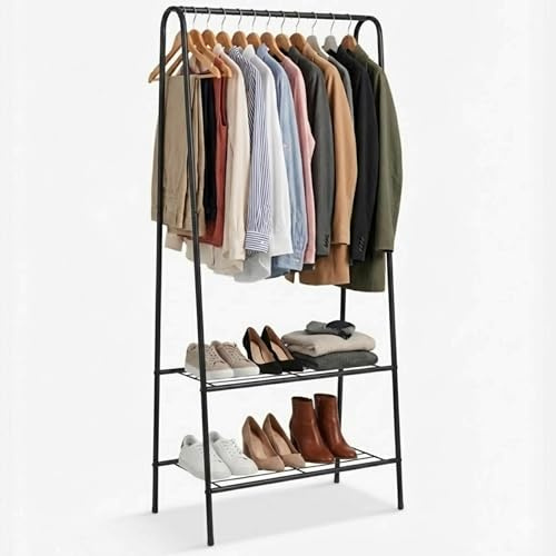 DIVCHI Clothes Rail Heavy Duty Multifunctional Hanging Rack Freestanding Metal Garment Organizer Stand with 2-Tier Storage Shelves Portable Coat Stand for Bedroom Laundry Room & Entryway (Black)