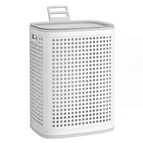 SONGMICS Tvättkorg med lock, tvättsamlare i plast, 75 L, smal tvättunna, platsbesparande tvättbox, för badrum, tvättstuga, sovrum, vit-grå RLH021WG01