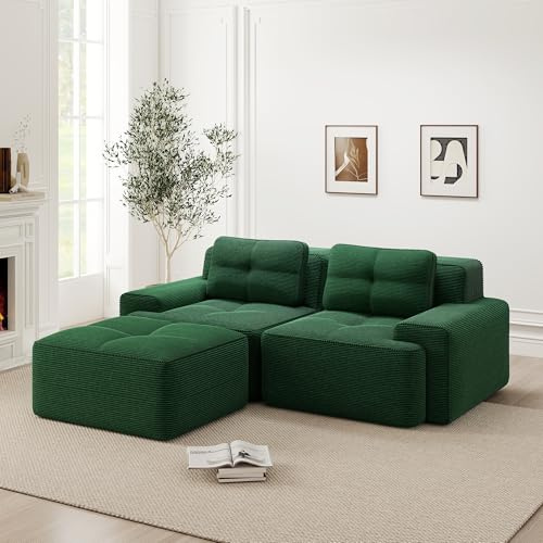 DACHETOU Modulsofa Grün Boneless, Modernes L-förmiges Modulsofa für Wohnzimmer, Bequemes Corduroy-Cloud-Sofa mit Ottoman, Getuftetes Zweisitzer-Schlafsofa
