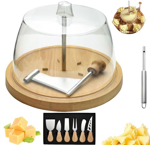 Cheese Curler Wheel, Stainless Steel Cheese Shaver, Maker Wheel Slicer with Lid Handle, Sharp Blade, Wood Base for Home & Restaurant Use (Style B with tools)