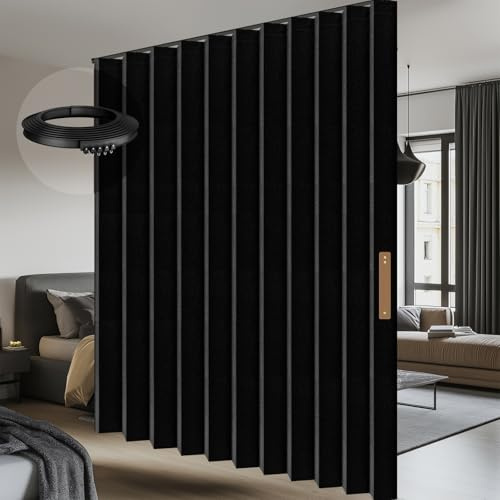 AJAZZ Blickdichter Vorhang als Falttür & Raumtrenner, Flexibler Paravent mit Biegsamer Schiene, Sichtschutz für Schlafzimmer, Balkon & Home Office, Schwarz, H213 x B254 cm (1er Pack)