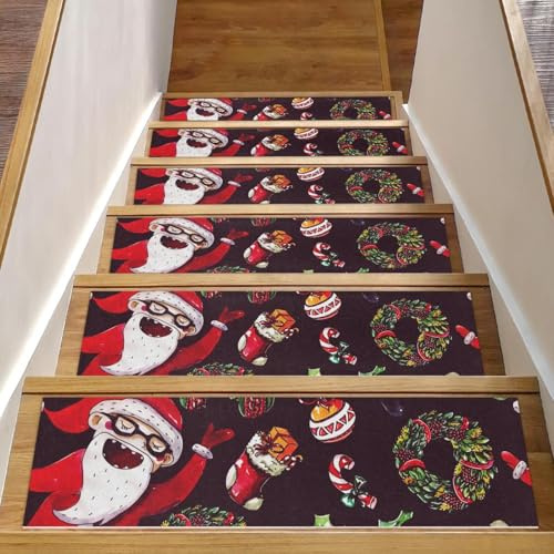 RODAILYCAY 15 tappeti natalizi per scale con Babbo Natale, gradini antiscivolo per gradini in legno, tappeti per scale da interni, tappetini di sicurezza per anziani, bambini e cani