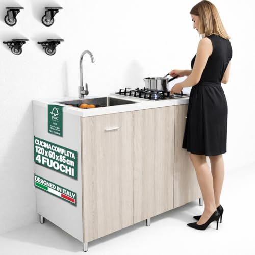 Shally Dogan Sottolavello Cucina 120 x 60 x 85 cm completo di Piano Cottura a 4 Fuochi e Lavello in Acciaio Zincato 50 x 40 cm a sinistra, Rubinetteria Completa con Fontana e Accessori Inclusa (Olmo)