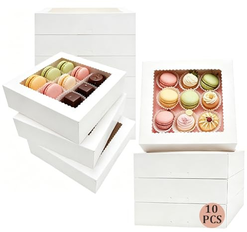 CUESVAP 10-pack Muffin Transportbox 20,4x20,4x6,4cm med siktfönster – Vit Cupcake Transportbox för plåtkak, Macarons & Tårta | Ingen montering | Tårttillbehör för födelsedag, present & bakning
