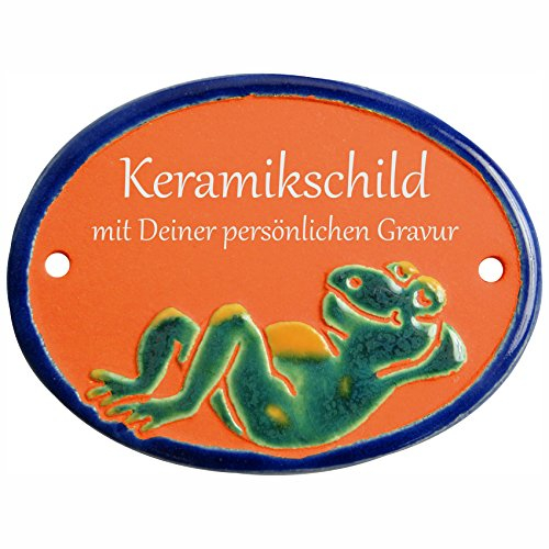 Handarbeit aus Schleswig-Holstein Keramikschild 9,5 x 7,5 cm Motiv Entspannter Frosch (Terracotta)