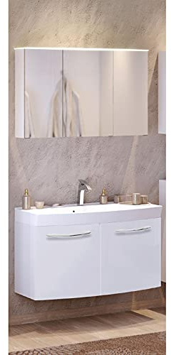 Lomadox Badezimmer Waschplatz Set Hochglanz weiß Waschtisch & Türen LED-Spiegelschrank B/H/T: 100/200/47cm