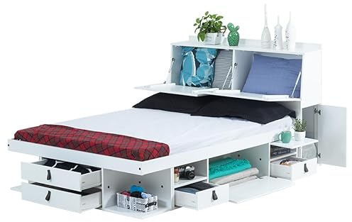 Bett mit Stauraum 160x200 + Funktions-Kopfteil + Lattenrost: Set Bali Weiss. Doppelbett und Kopfteil aus MDF Weiss lackiert mit viel Stauraum und Bettkasten, ideal f. kleine Schlafzimmer