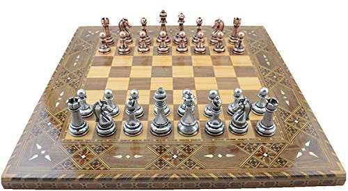 GiftHome Klassisches Schachspiel aus Kupfer für Erwachsene, handgefertigte Stücke und Schachbrett aus natürlichem Massivholz mit Original-Perle um das Brett King 7,5 cm