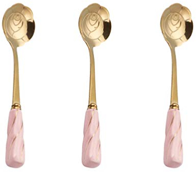 Yardwe 3pcs Flower Spoon Stainless Steel Coffee Teaspoon with Ceramic Handle for Iced Tea Sugar Dessert Cake (Pink Gold)
