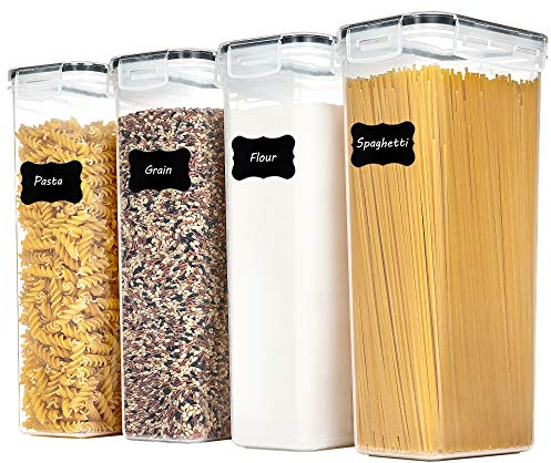 Vtopmart Airtight Food Storage Containers with Lids, 4 PCS 2.8L Pasta Containers for Pantry Organization and Storage, BPA Free Kitchen Canisters for Spaghetti, Flour, Sugar and Noodles, Black