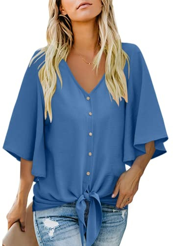 Aokosor Ladies Blouses Womens V Neck Tops with Button Summer Chiffon 3/4 Bell Sleeve T Shirts Blue Size 20-22