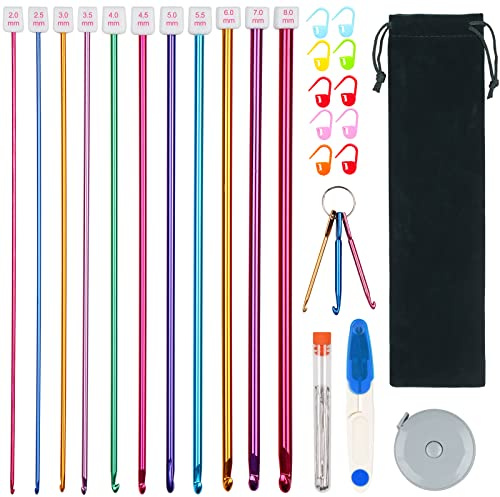 Aeelike 11 Stück Tunesische Häkelnadel aus Aluminium, 27 cm Lang Tunesische Häkelnadeln Set mit Häkel Zubehör und Tasche, 2,0-8,0 mm Bunte Afghanische Häkelnadeln für Anfänger Erwachsene Profis | Tunesische Häkelnadeln, 2–8 mm, Aluminium, für Anfänger, Decken, Schals, Bastelarbeiten, 11 Stück