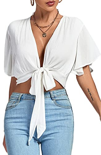 LYANER Women's Deep V Neck Tie Front Knot Wrap Ruffle Short Sleeeve Crop Top Blouse Solid White Small