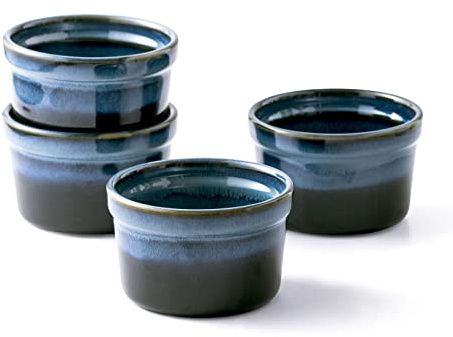Ramekins 8 Oz Oven Safe for Creme Brulee, Souffle Dishes - Ceramic Baking Bowls Set of 4 for Pudding Cups, Custard, Ice Cream, Serving Dish for Dips and Appetizers - Reactive Dark Blue