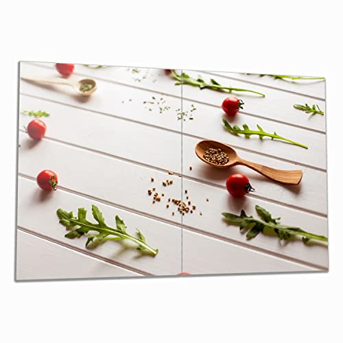 Wallario Herdabdeckplatte/Spritzschutz aus Glas, 2-teilig, 80x52cm mit 8 mm hohen Füßen, für Ceran- und Induktionsherde, Küche Ruccola, Tomaten und Gewürze