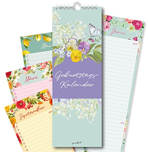 Calendario de cumpleaños flores independiente del año sin año I formato 10,5 x 29,7 cm I calendario perpetuo para cumpleaños I colorido para familia oficina I dv1137