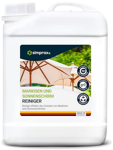 SIMPRAX® Markisen Reiniger Detergente per Tendalini Tende da Sole Ombrelloni Senza PFC Biodegradabile Potente Rimuove Muffa Escrementi di Uccelli & Aloni Verdi Efficace per Tessuti da Esterno, 2,5 L