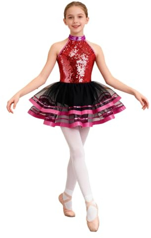 Mufeng Tutu klänning dansande klassisk flicka paljett klänning balettdansare trikådräkt gymnastik barn outfit skridskoåkning klänning dans modern jazz kostym show 3–16 år, rosa, 9-10 �r