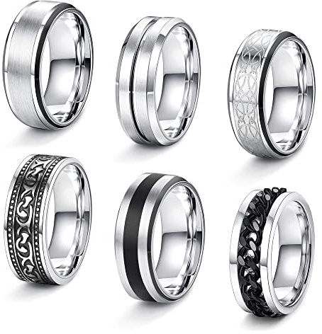 JeweBella 6 PCS Bague Noir Tournante en Acier Inoxydable - Ensemble Gothique Mat Poli avec Chaîne Rock, Noeud Celtique Vintage, Style Biker pour Mariage Promise Taille 54-70