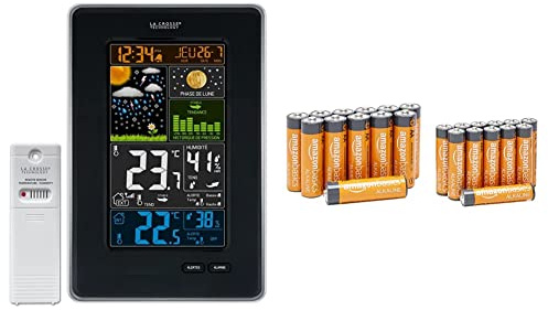 La Crosse Technology WS6835 Station Météo Colorée avec Phases de Lune - Noir + Amazon Basics Pack économique de 24 piles AA et AAA hautes performances - 12 piles AA et 12 piles AAA