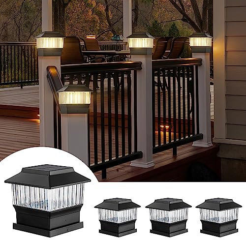 MOON-DE-AGE 50 Lumen Solar Post Lights, 3 Modes Outdoor Deck Fence Post Cap Lights - 4x4 3.5x3.5 4.5x4.5 or 5.5x5.5, LED Landscaping Patio Garden Yard Decoration Waterproof Warm White (4 Pack, Black)