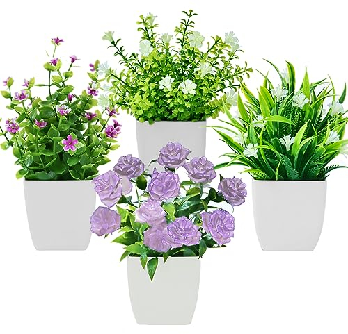 Bafenli 4 Piezas Mini Plantas Artificiales con Macetas Pequeño Plantas Falsas con Flores para Mesa Oficina Mesa Sala Baño Decoración Interior