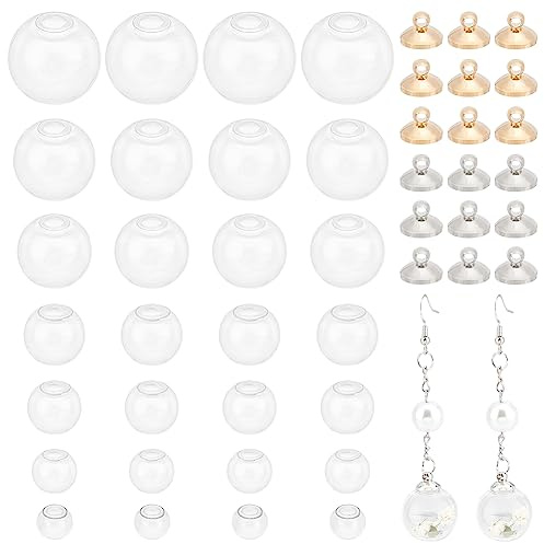 PH PandaHall 42 Mini Kugel aus Klarem Glas Leer Wunsch Glaskugel mit Kappen | Befüllbarem Kugelfläschchen Charm, Transparenten Ornamenten zum Aufhängen, für DIY Anhänger Ohrstecker Herstellung, 8-20x19mm