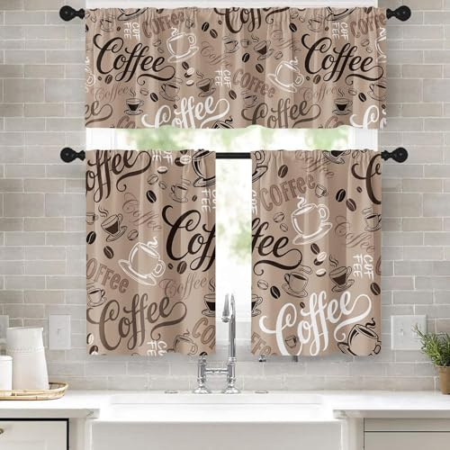 Tayney Coffee Kitchen Window Curtains Valance and Tier Set, Brown Farmhouse Rod Pocket Short Tier Curtain, Retro Vintage Small Cafe Drapes for Kitchen Decor 52 x 24