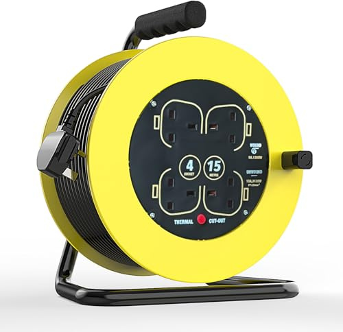 Extension Lead 15m Heavy Duty Cable Reel, 4 Socket Cord Reel | UK Plug Socket with Thermal Cut-Out Protection 13A Fused Plug