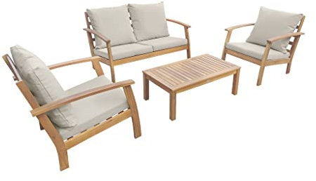 Alice's Garden - Gartenlounge-Set aus Akazienholz 4 Sitze. Ecrufarbene Kissen, Sofa, Sessel und Couchtisch - Ushuaia