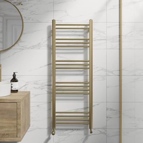 DuraTherm® 1200 x 450mm Flat Straight Heated Towel Rail Radiator Modern Central Heating Bathroom Warmer Wall Mounted Ladder Rad, Brushed Brass