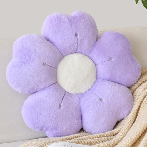 Flower Shaped Pillow, Cute Decorative Throw Pillow with Soft Artificial Rabbit Fur for Couch Bed Chair Floor, Flower Pillows Seating Cushions with Room Décor for Bedroom Living Room (14.9 Lavender)