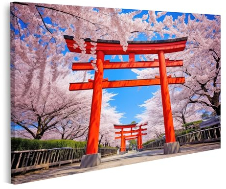 islandburner Tableau sur toile Torii japonais rouge porte rose fleurs de cerisier B images murales poster