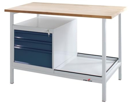 Steinbock Werkbank mit 3 Schubladen und Ablageboden | 300 kg Tragkraft | HxBxT 82,5 x 120 x 60 cm | Anthrazitgrau | 4 cm Starke geölte Holzplatte | stabiles Stahlgestell | Made in EU | Werktisch