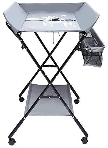 Mobiler Wickeltisch,Baby Wickelkombi klappbare Wickelkommode Baby Klappbarer Wickeltisch mobiler Badewanne Klappbar Wickelauflage Ablagefächer mit Rollen und Wasserdicht Höhenverstellbar,Gray