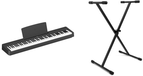 Yamaha P-145 Digital Piano with 88 Graded Hammer Compact Keys & TIGER KYS77-BK X-Frame Keyboard Stand - Height Adjustable Single Braced for Keyboards, Synthesisers and Digital Pianos - Black