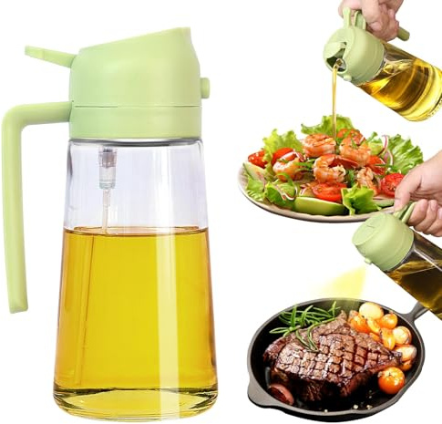 XoeLLe Oil Spray Bottle, 470ml Oil Container, 2 in 1 Oil Dispenser for Kitchen, Oil Bottle, Glass Oil Sprayer and Dispenser, Leakproof for Kitchen Cooking Air Fryer Salad Baking BBQ (Green)