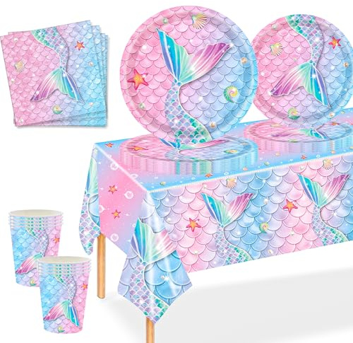MORAINJAY 69P Mermaid Party Tableware Set for Girls,Pink Birthday Table Decors for Kids with Paper Plates Cups Napkins Tablecloth,Mermaid Theme Party Supplies for 16 Guests