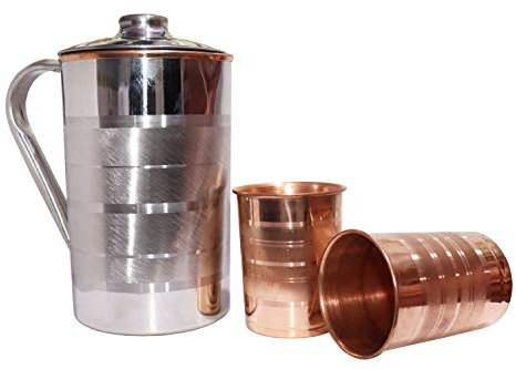 BRACOP® Wasserkrug Trinkflasche Geprägtes Glas Indischer Reiner 100% Kupferkrug Karaffe Krug mit Deckel Ayurveda Moscow Mule Becher Wasserkrug Cocktail Graviertes Glas für Getränke